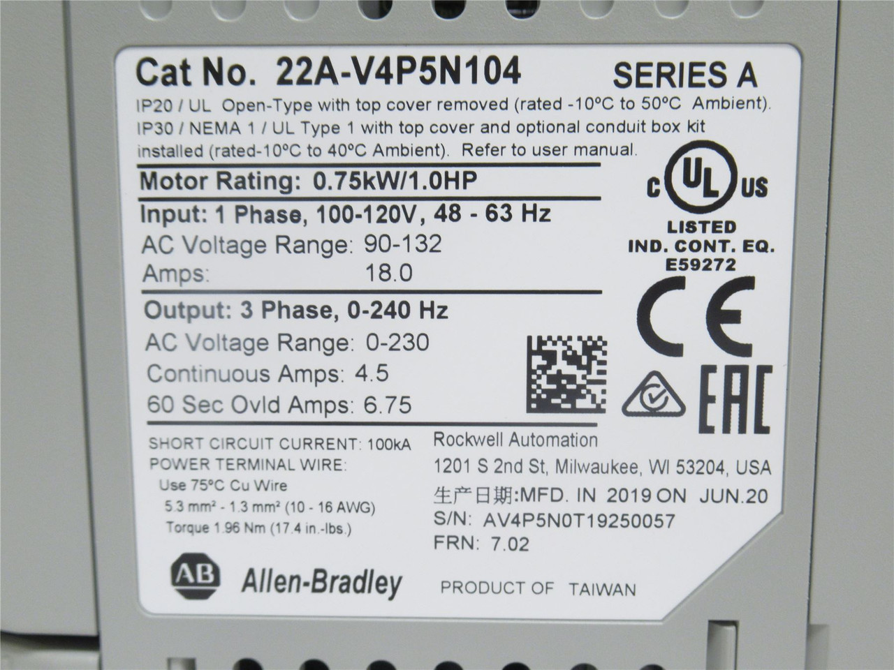 Allen-Bradley 22A-V4P5N104; AC Drive 1.0Hp 120V 1phIN; 3phOut