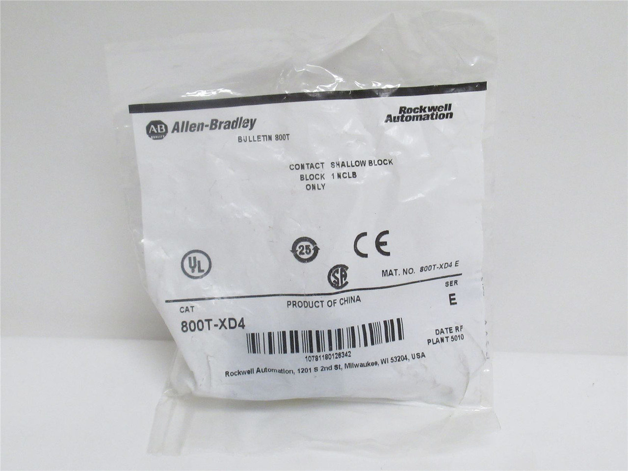 Allen-Bradley 800T-XD4; Contact Block; 10A; 600VAC; 1NC