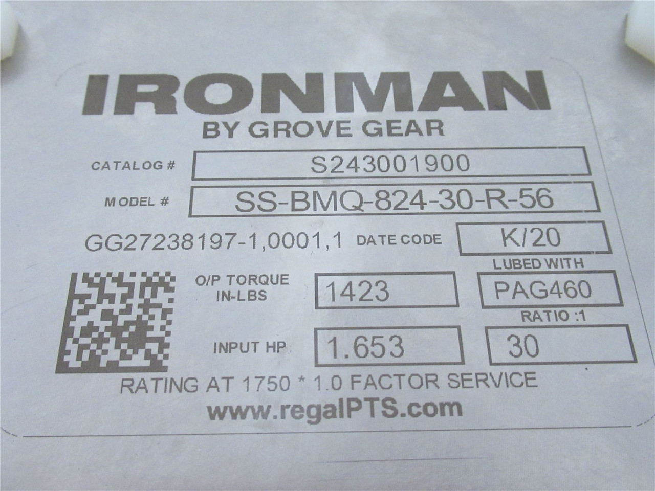 IRONMAN SS-BMQ-824-30-R-56; Gearbox; 1.653Hp; 30:1 Ratio