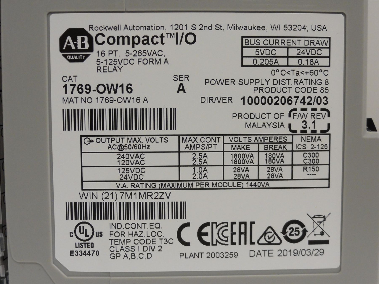 Allen-Bradley 1769-OW16; Relay Output Module; 16 Point