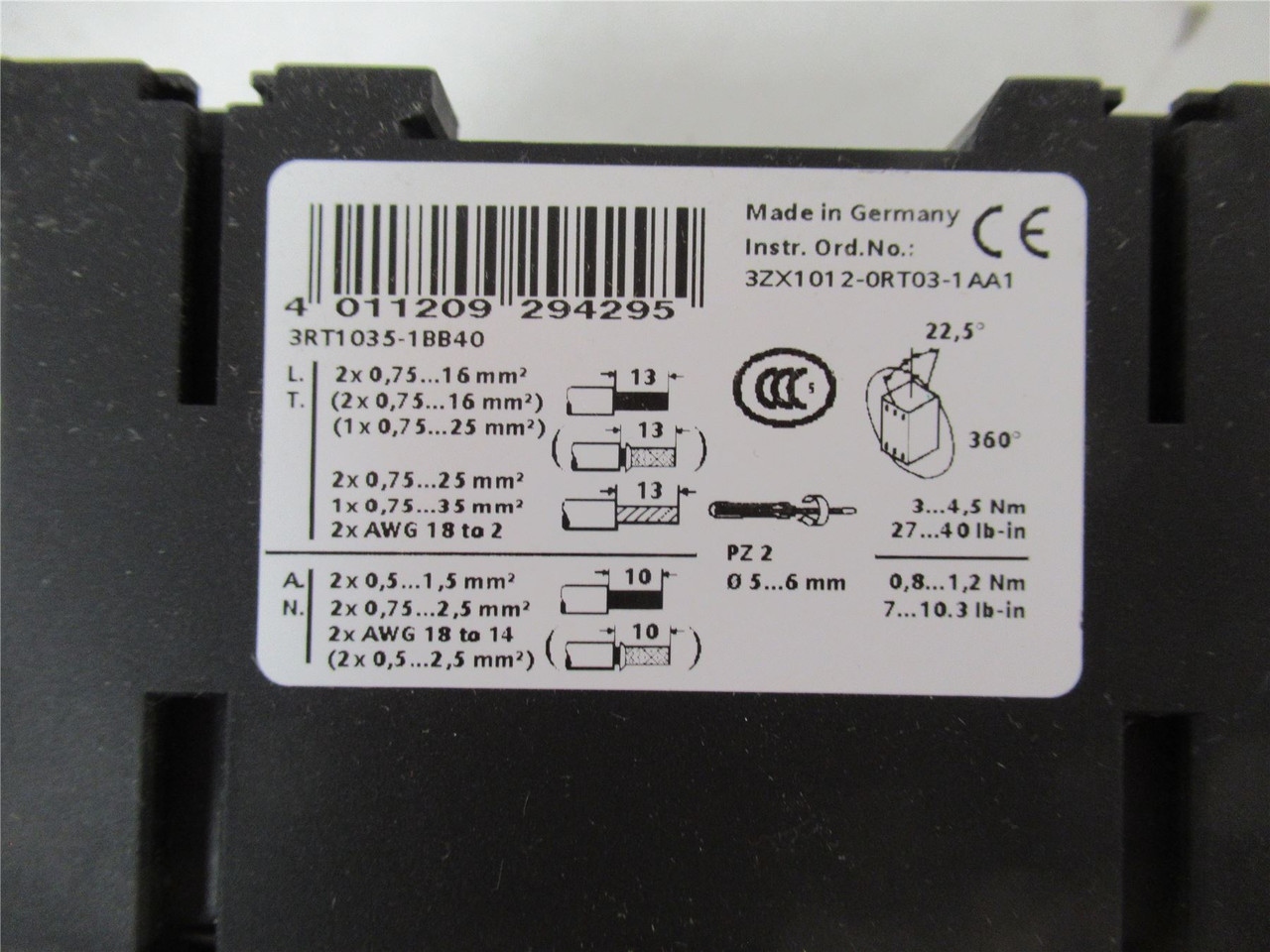 Siemens 3RT10351BB40; Contactor 40A 3P 690V COIL 24 VDC