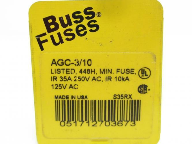 Bussmann AGC-3/10; Box-5 Fast Acting Glass Fuses; 3/10A; 250VAC