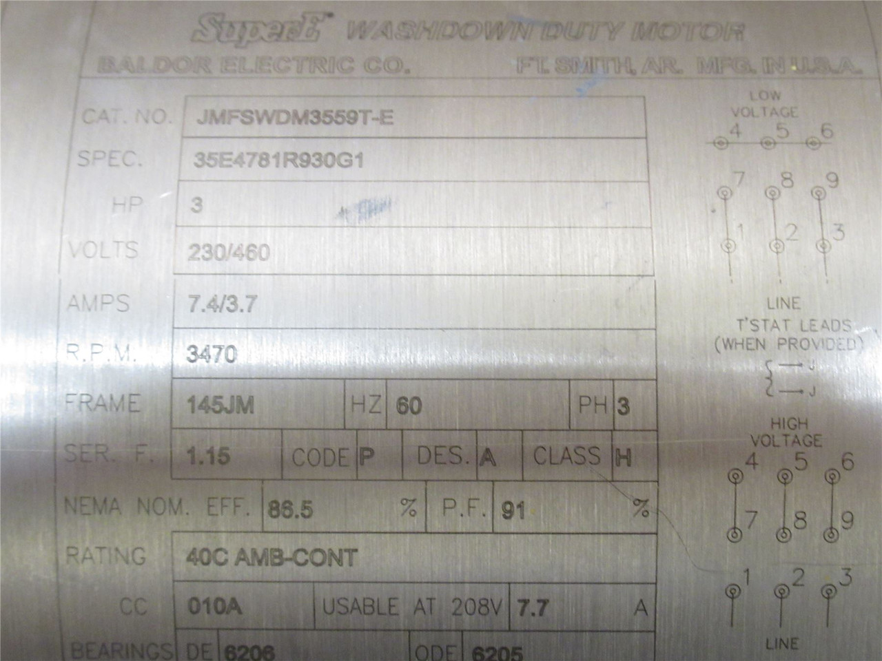 Baldor JMFSWDM3559T-E; AC Motor SS 3HP; 230/460V; 3470RPM