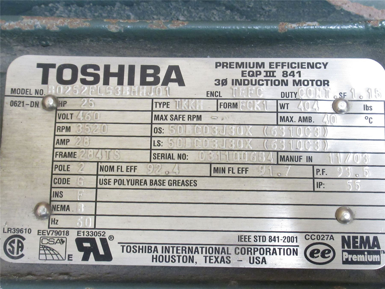 Toshiba B0252FLG3BMHJ0L; AC Motor 25Hp 460V 3520RPM; 3Ph; 28A; 60Hz