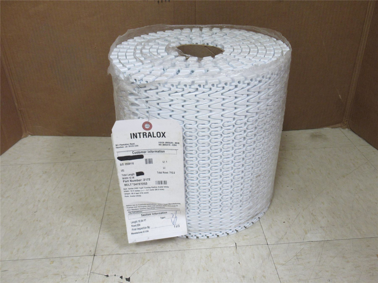 Intralox 54727253; Conveyor Belt S2400; 12" Wide; 19.6' Long