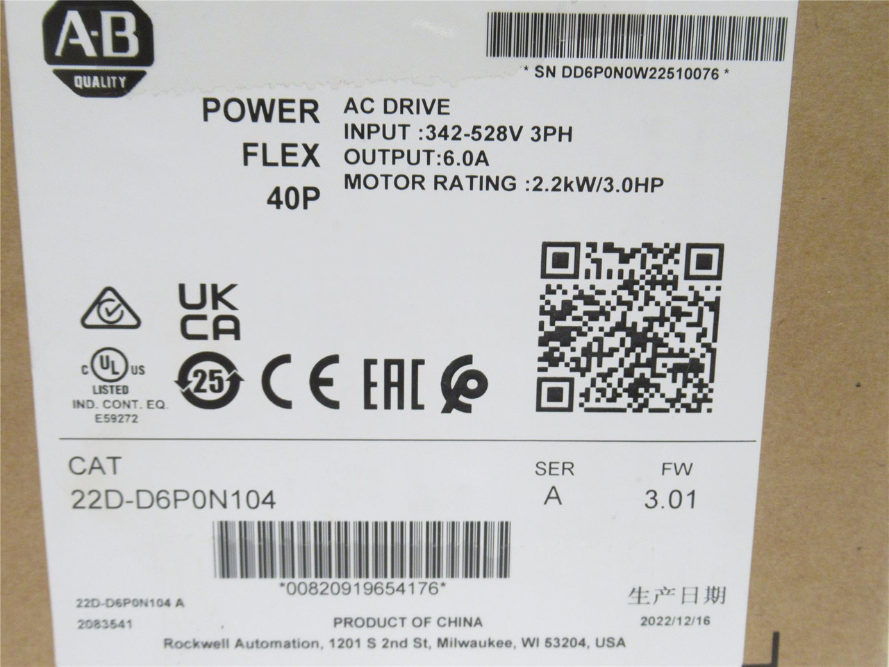 Allen-Bradley 22D-D6PON104; AC Drive; 3HP; 6A; 380-480V; 3Ph