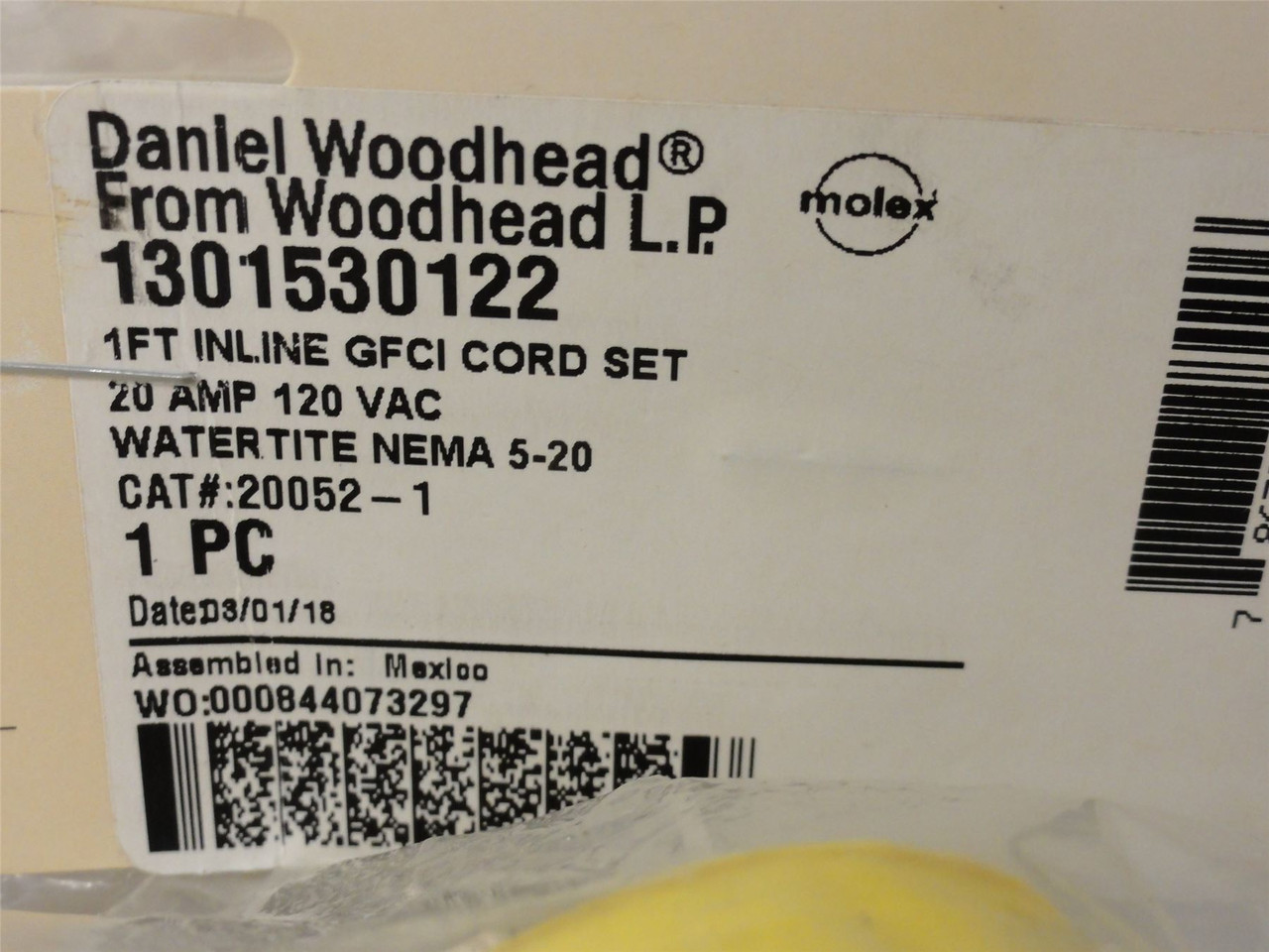 Woodhead 1301530122; CFCI Cordset; 1Ft; 20A; 120VAC; 20052-1