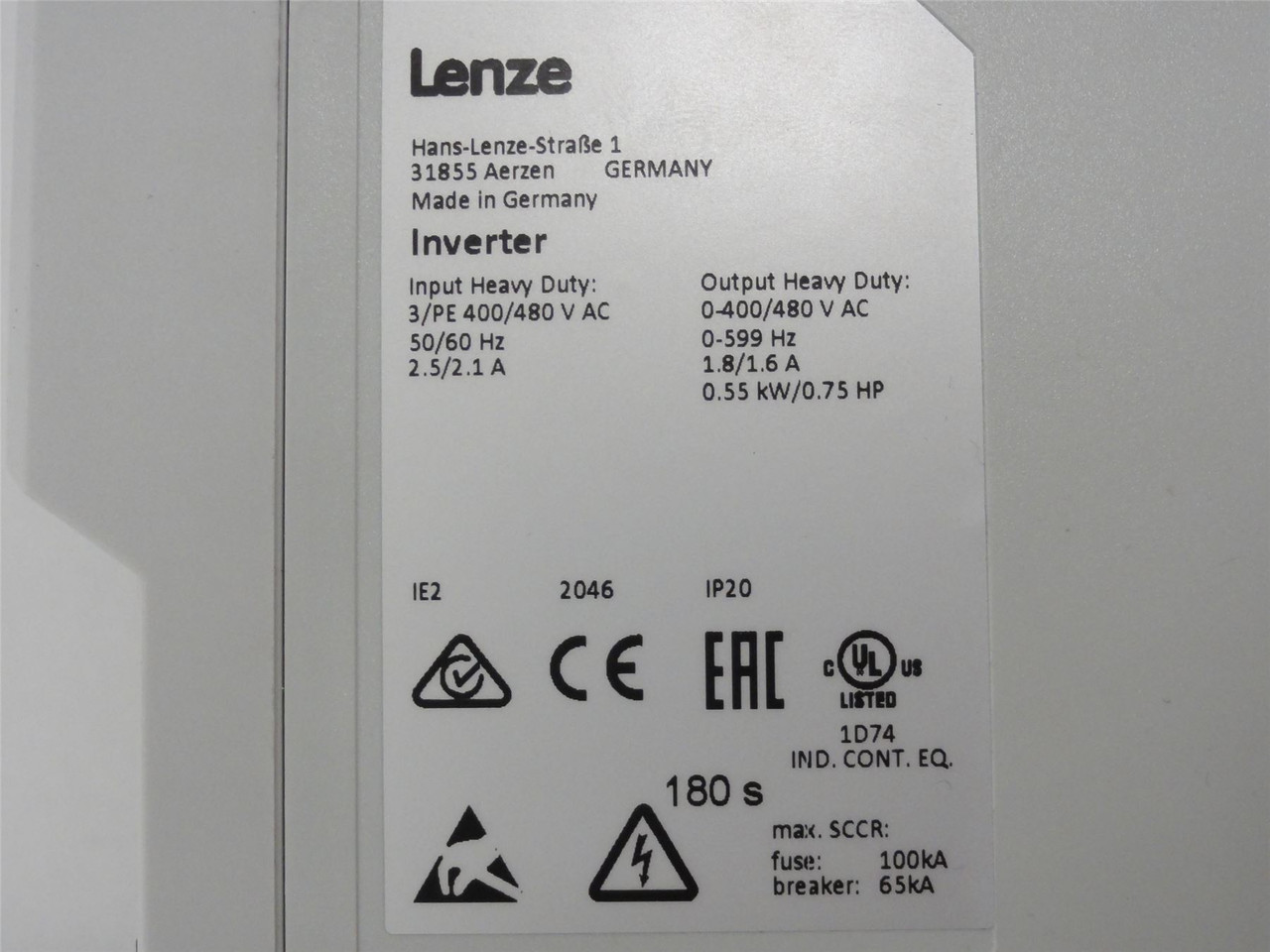Lenze I55AE155F1AV10002S; Inverter; 400/480VAC; 0.75HP; i550