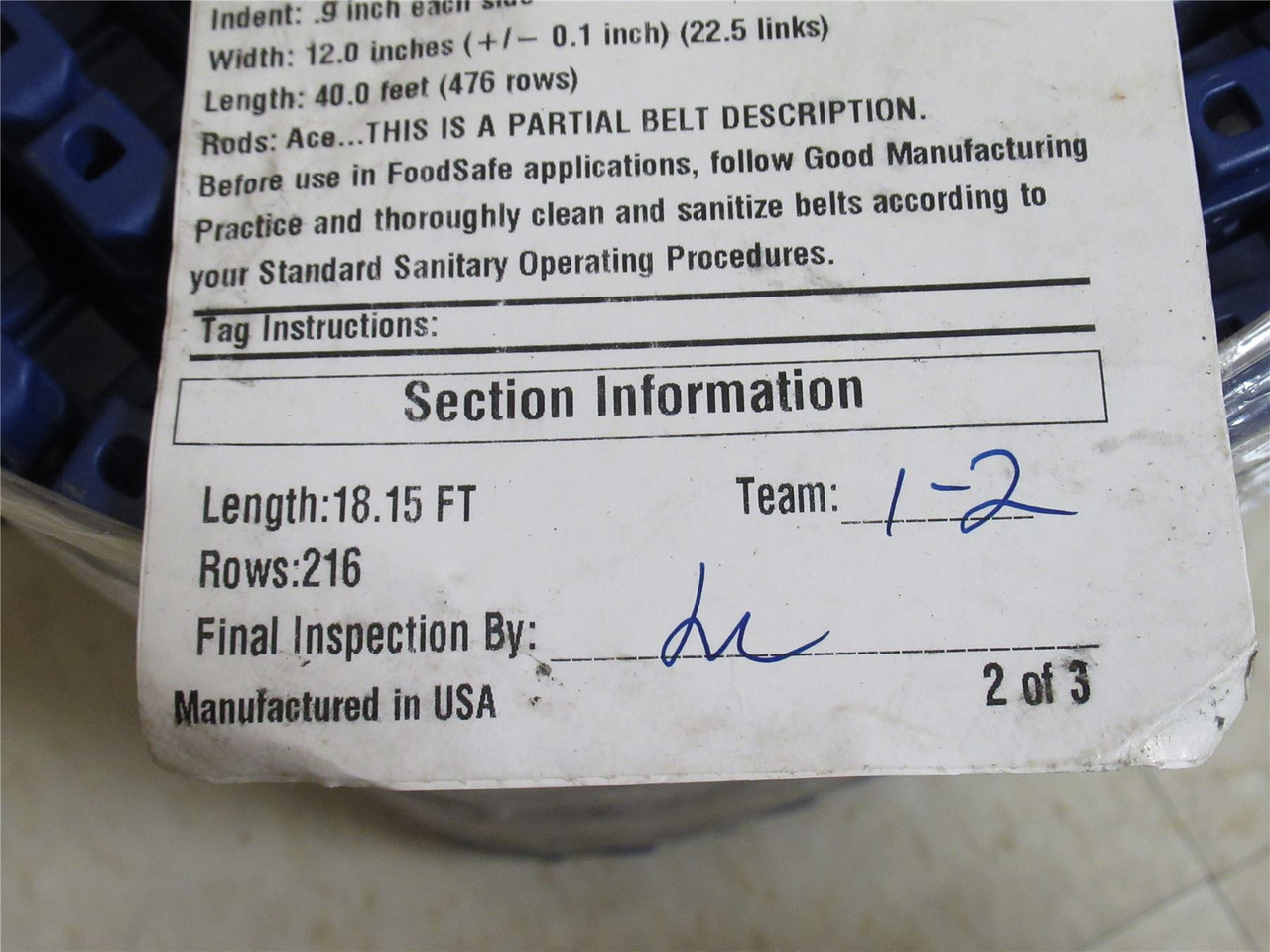 Intralox 57827908; Conveyor Belt S2400; 12" Wide x 18.5' Long