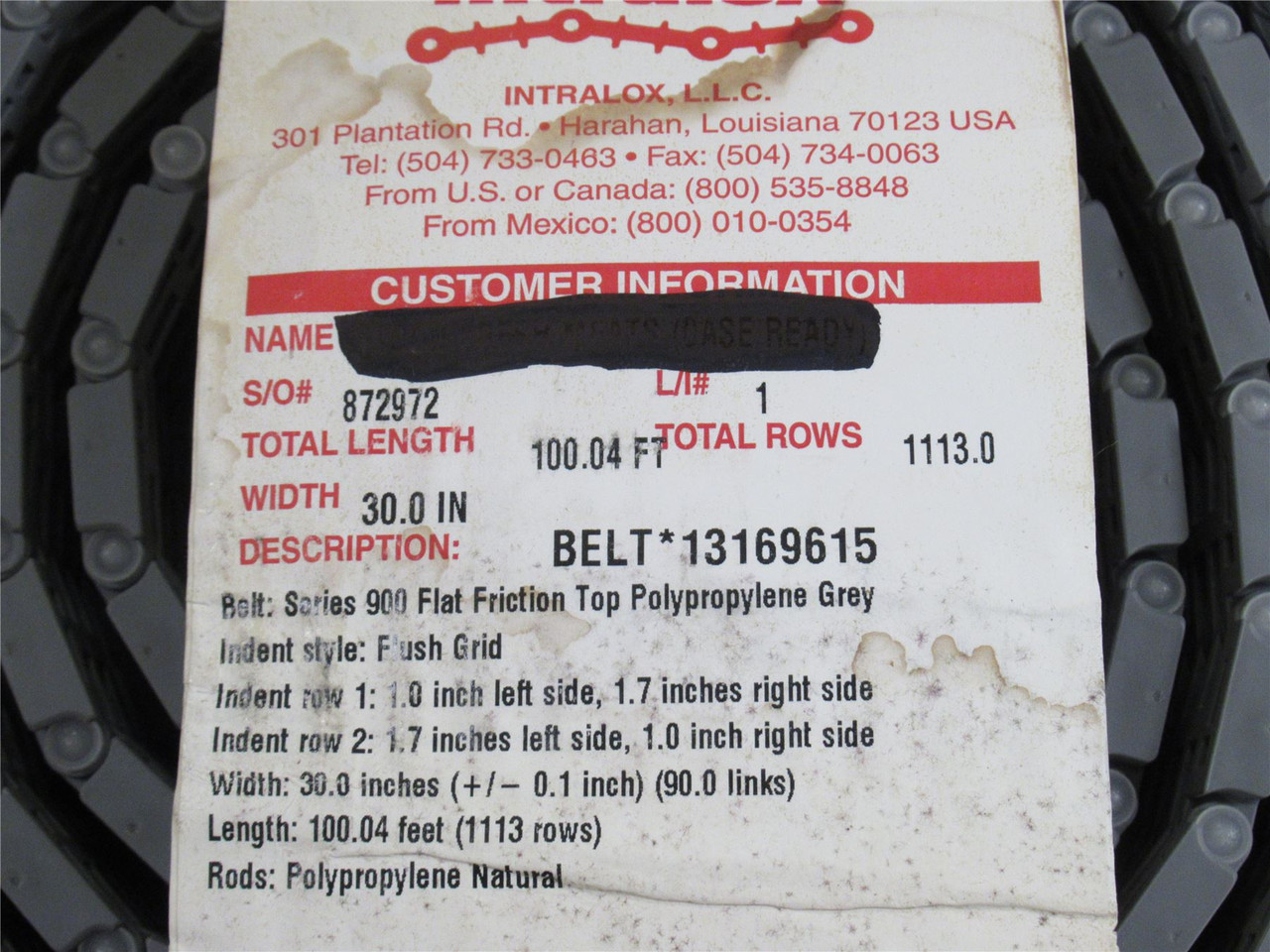 Intralox 13169615; Conveyor Belt; S900; 30" Wide x 11.05' Long