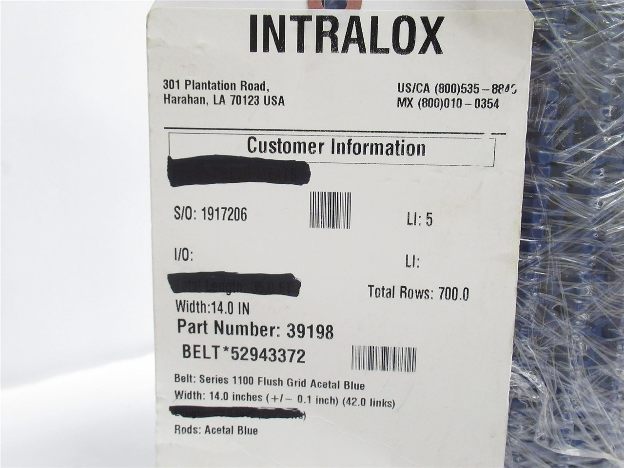 Intralox 52943372; Conveyor Belt S1100; 14" Wide x 9.4' Long
