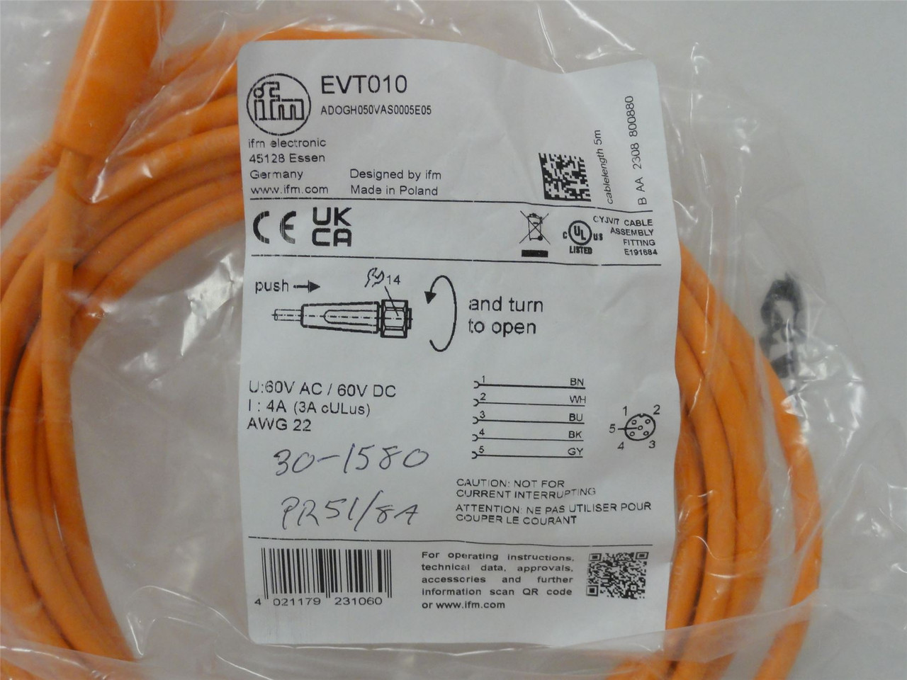 IFM EVT010; Cordset; 60VAC/DC; 5M Cable Length; M12