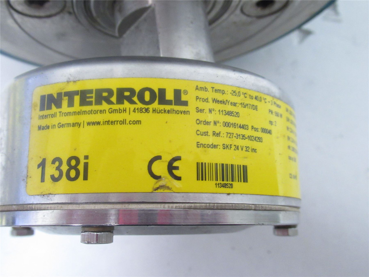 INTERROLL 138I; Drum Motor; 1HP 14"Wide x 6.5"dia; 3.391RPM