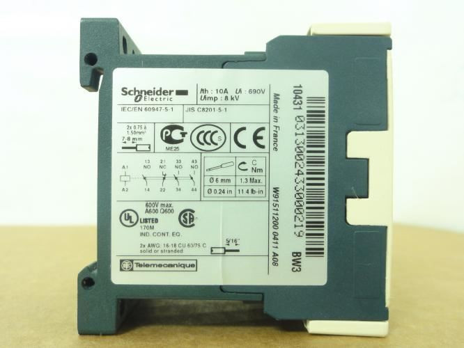 Schneider CA4KN313BW3; Control Relay; 10A 3P 690V; Coil: 24VDC