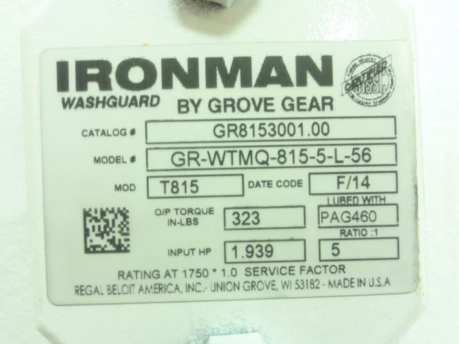 Grove Gear GR8153001.00; Gear Box; 5:1; Input HP: 1.939HP