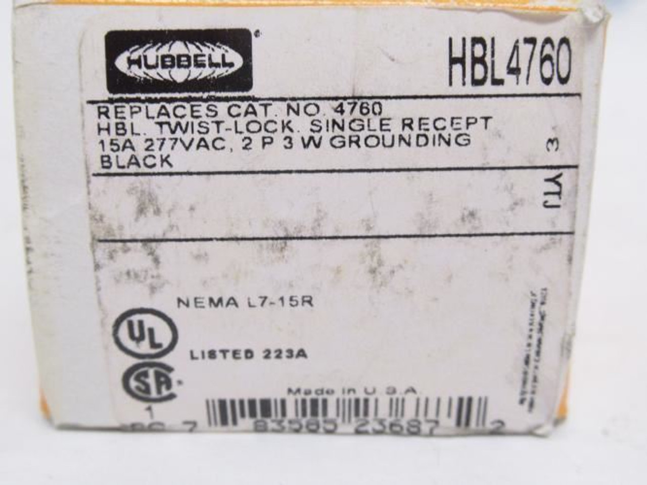 Hubbell HBL4760; Locking Receptacle; 15A; 277VAC; Black