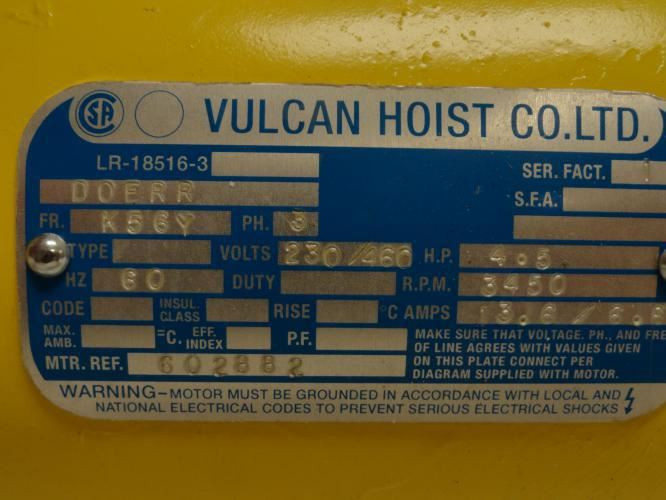 Vulcan Hoist LR-18516-3; Hoist Crane Motor; 4.5A; 230/460V; 3Ph
