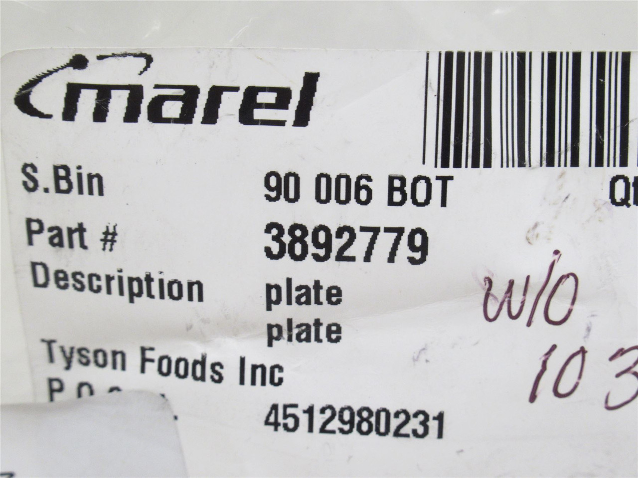 Marel 3892779; Unloading Station Plate; SS