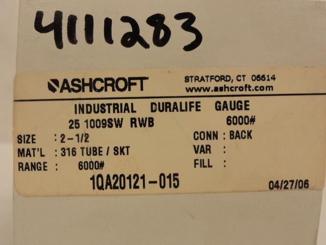 Ashcroft 25 1009SW RWB 6000; Duralife Gauge SS-316; 0-6000Psi