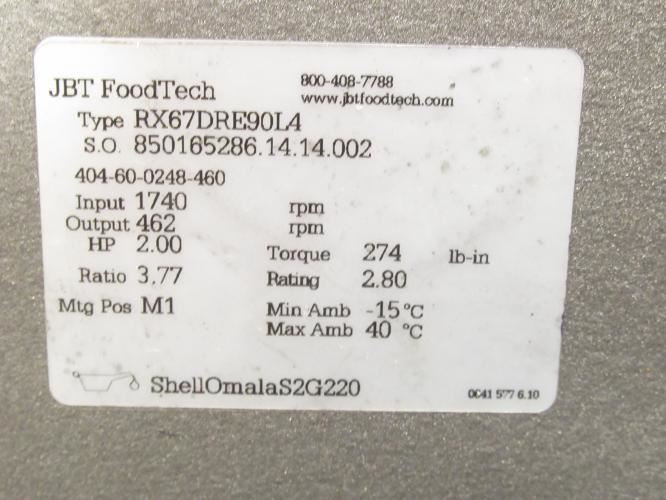 JBT RX67DRE90L4; Gear Motor; 3.77:1 Ratio; 230/460VAC
