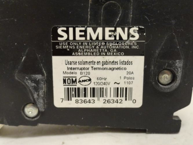 Siemens B120; Circuit Breaker 20A; 1P; 120VAC