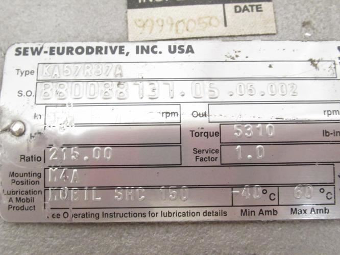 SEW KA57 R37/A; Helical Gearbox 215:1 Ratio; 1380Rpm In/6.4 Out