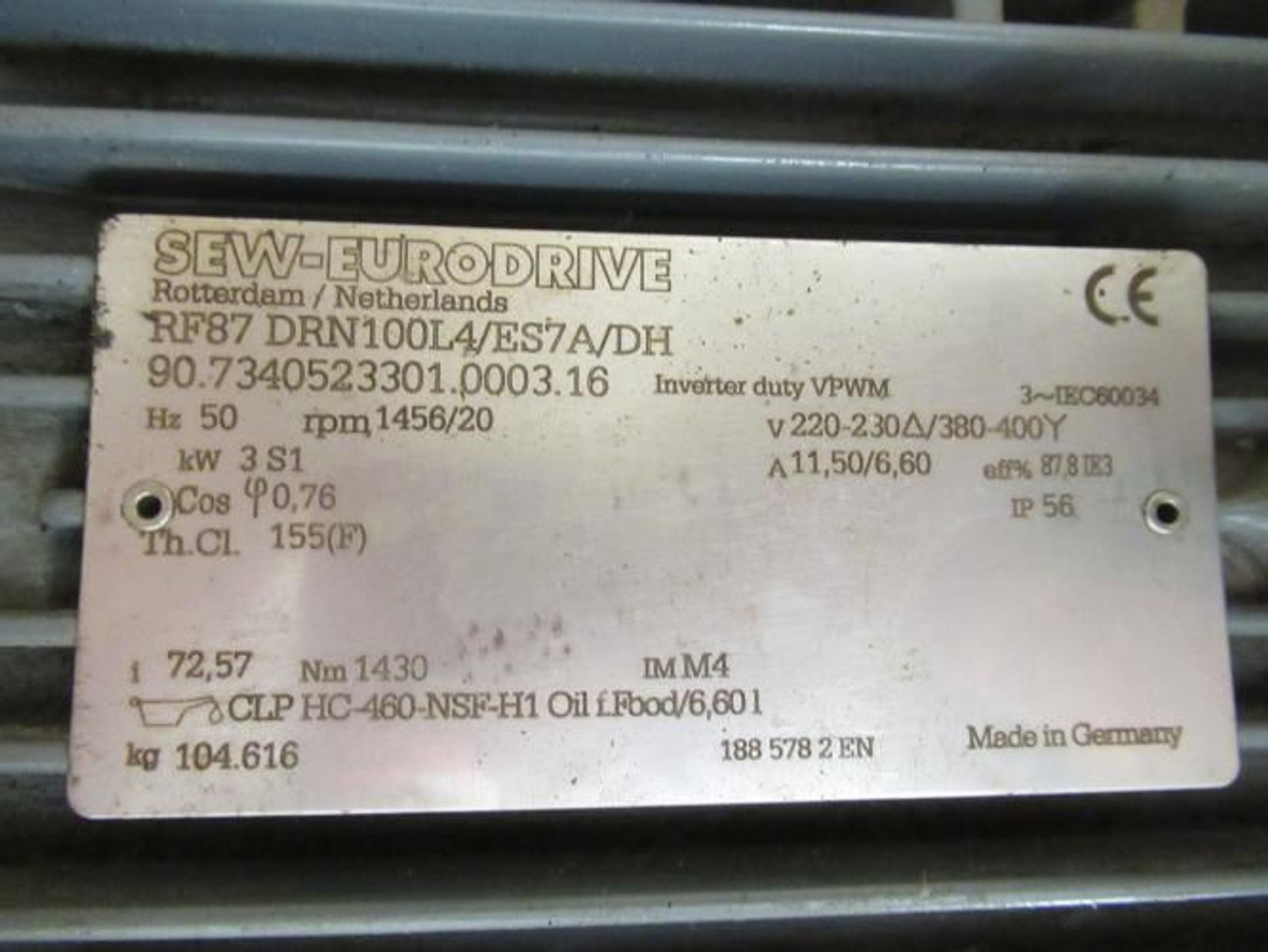 SEW RF87DRN100L4/ES7A/DH; Gear Motor; 72.57:1 Ratio; 220-230/380-400V