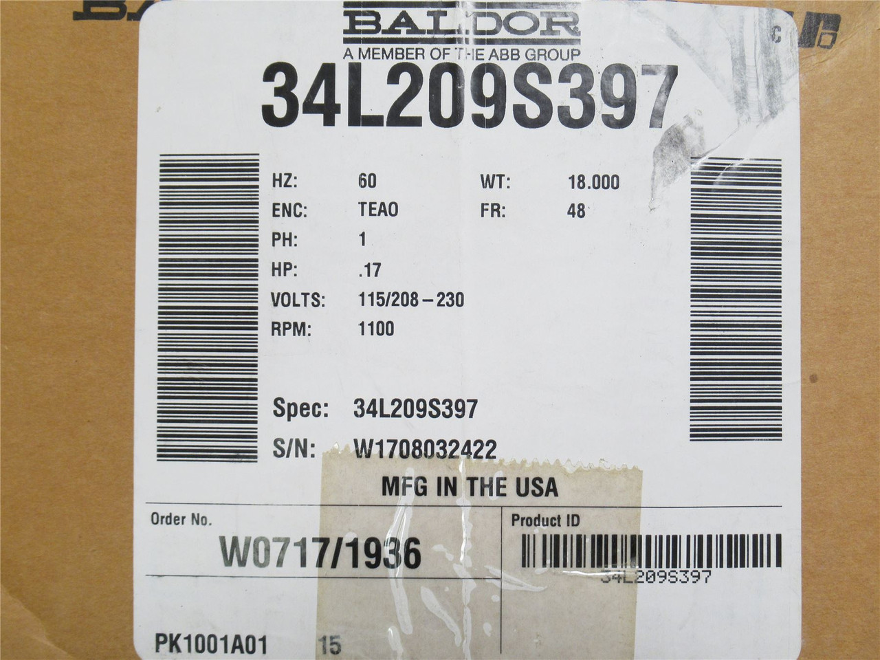 Baldor 34L209S397; AC Motor; 0.17HP; 115/208-230V; 1100RPM