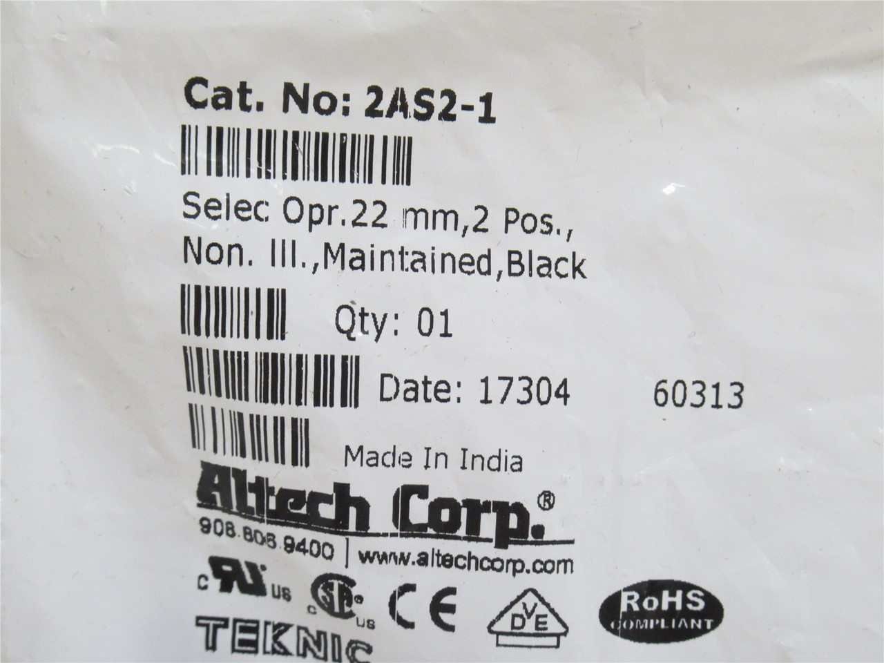 Altech 2AS2-1; Black Switch Actuator; 22mm Non-Illumin; 2-Pos
