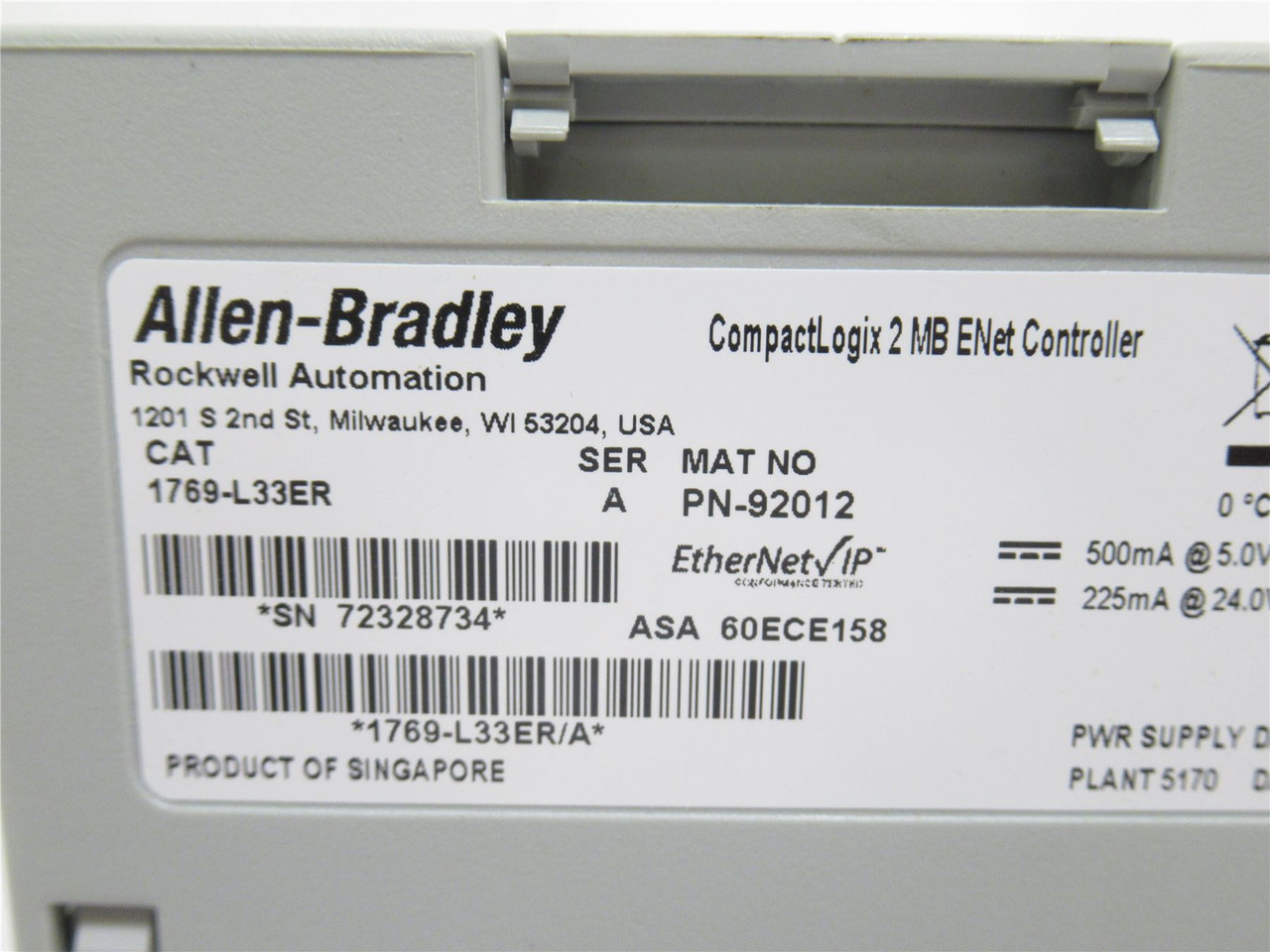 Allen-Bradley 1769-L33ER; Dual Ethernet Controller; 2MB