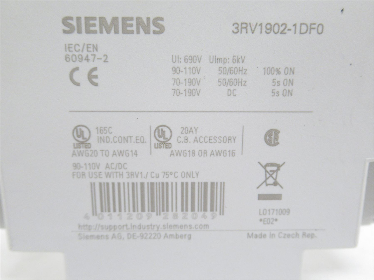 Siemens 3RV1902-1DF0; Aux Release; Shunt Trip; 90-110VAC