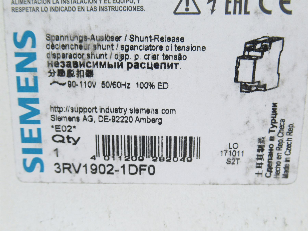 Siemens 3RV1902-1DF0; Aux Release; Shunt Trip; 90-110VAC