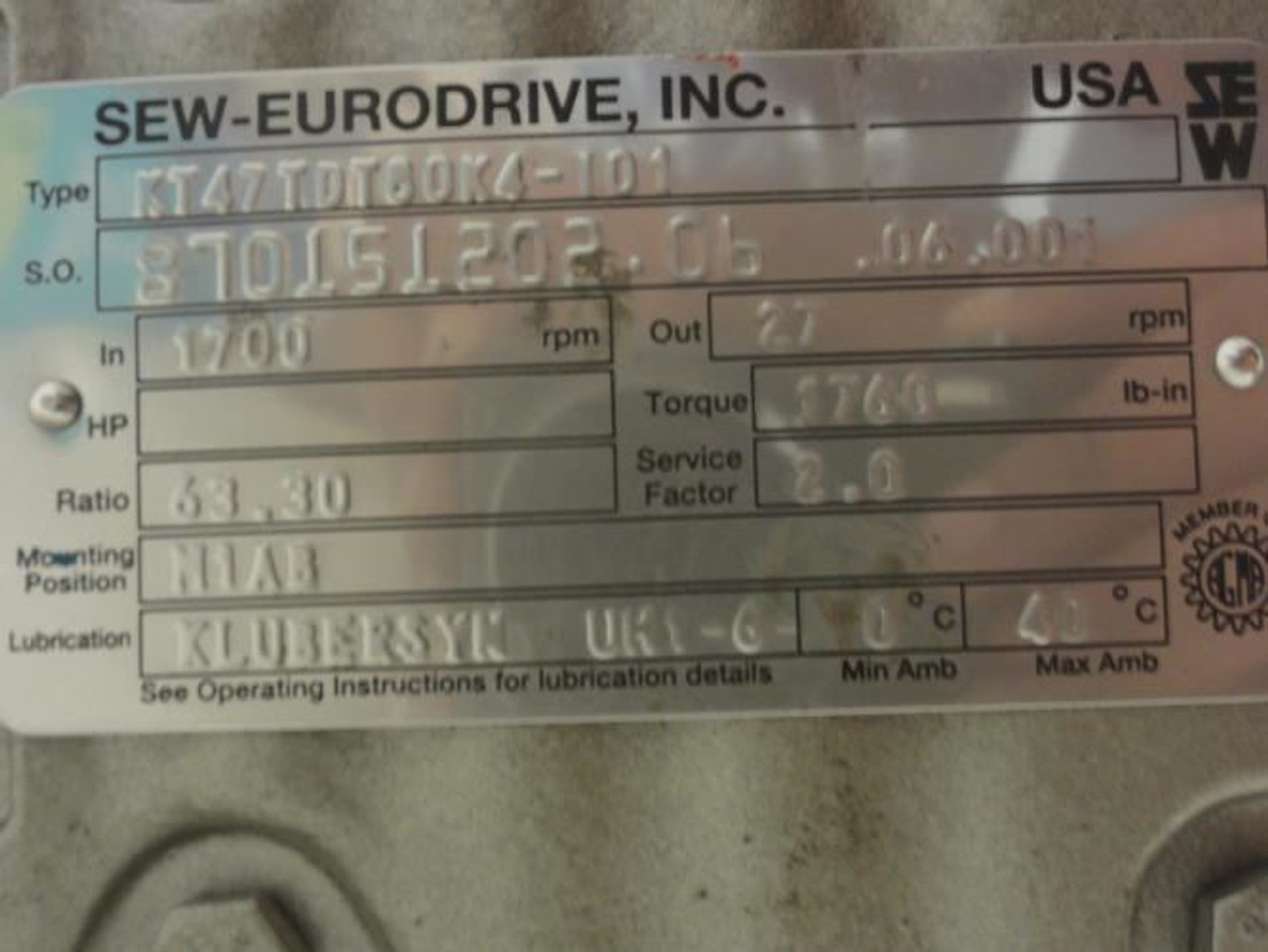 SEW KT47TDT80K4-I01; Motor-Gearbox; 63.3:1 Ratio; 3/4HP