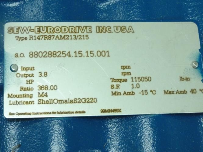 SEW R147R87AM213/215; Inline Gearbox; 368:1 Ratio; 3.8Hp
