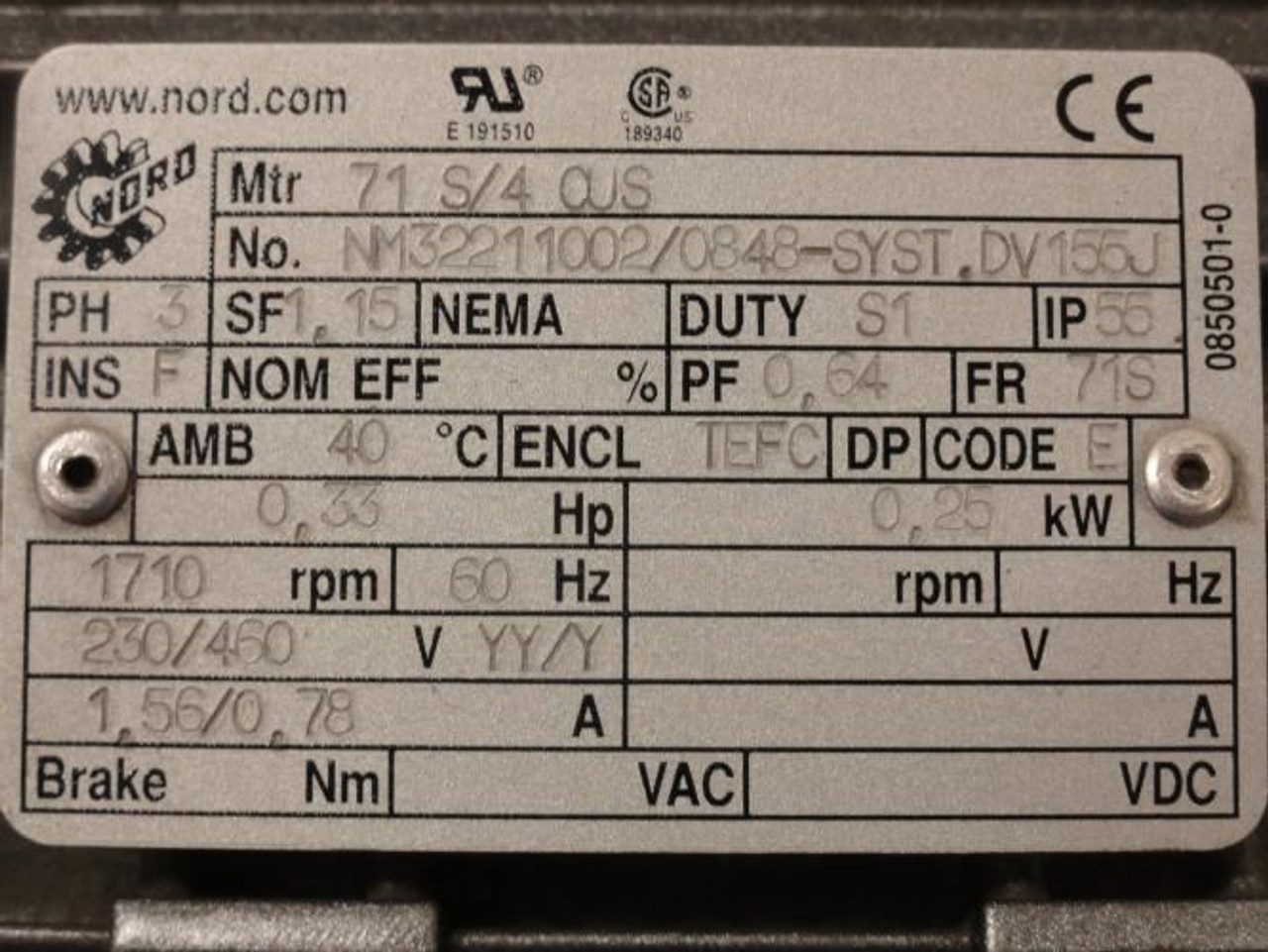 Nord 13080AZBD-71 S/4 CUS; Gearmotor; 956.44:1 Ratio; 0.25kW