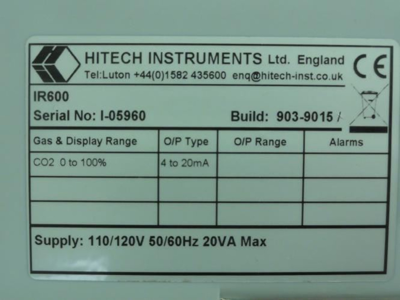 HiTech IR600; HITOX Wall Mount Infrared Gas/CO2 Analyzer