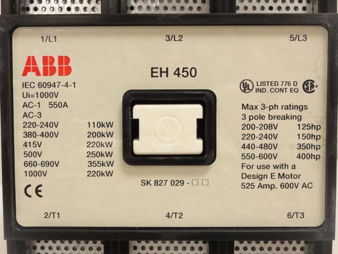 ABB EH450C-RL; Contactor 420A 3P 600V Coil: 220V 400Hp