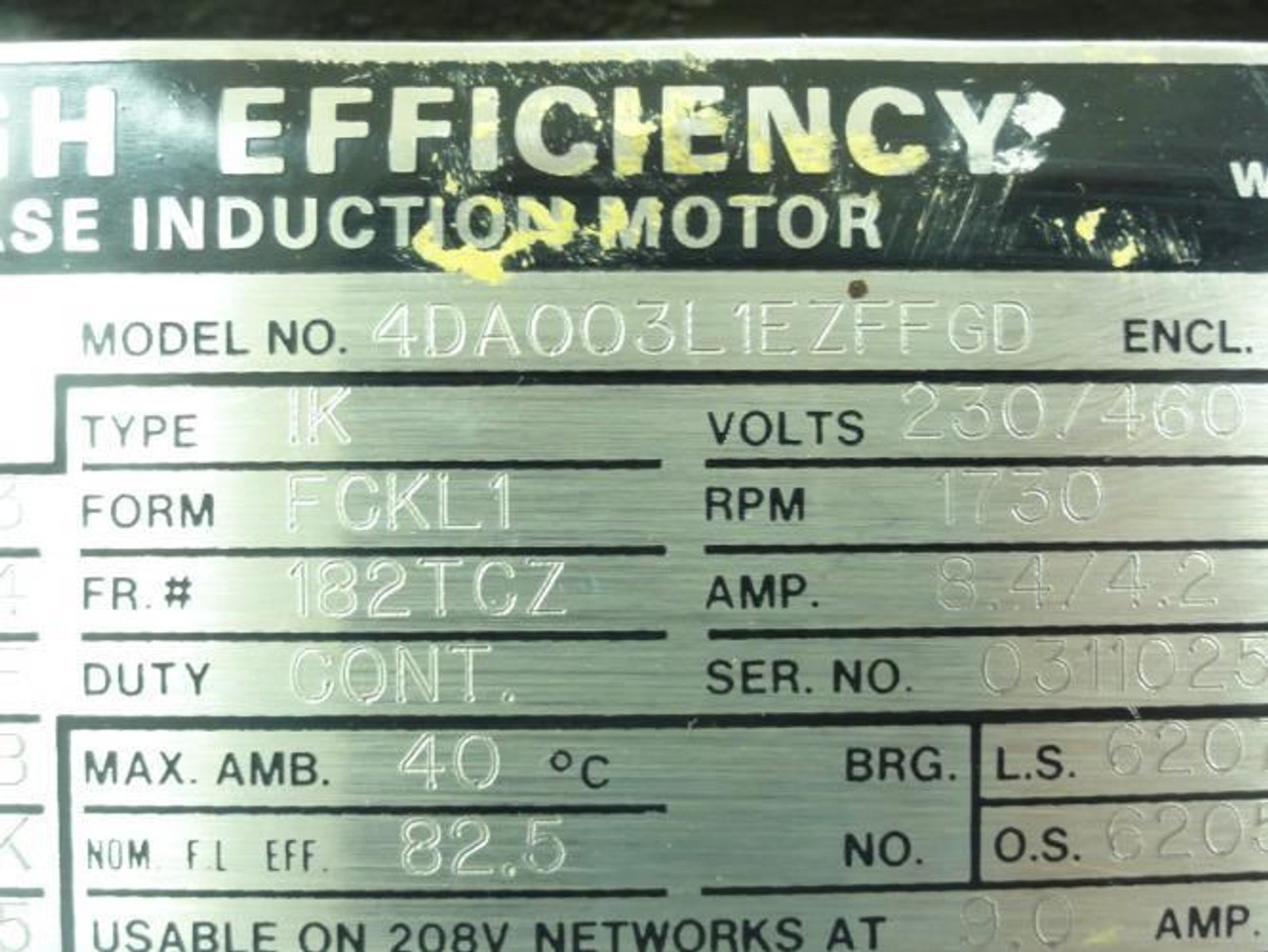Toshiba 4DA003L1EZFFGD; AC Motor; 3Hp; 4P; 230/460V; 1730Rpm