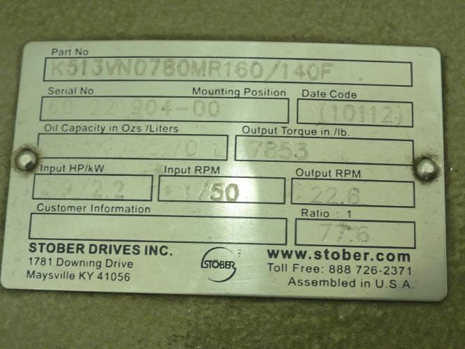 Stober K513VN0780MR160/140F; Gear Speed Reducer 77.6:1 Ratio