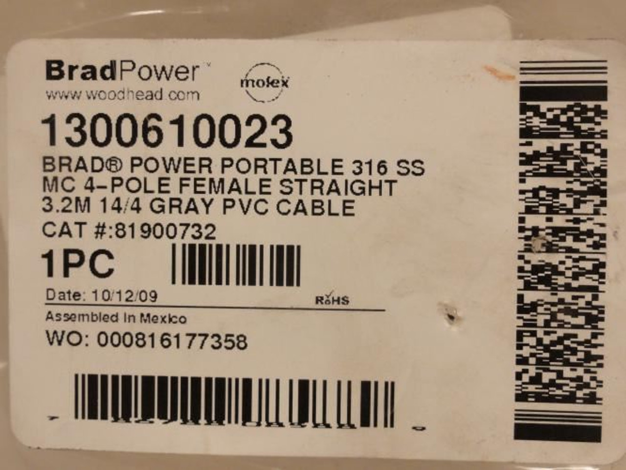 Woodhead 1300610023; Connector Cable 81900732; 600V; 12A