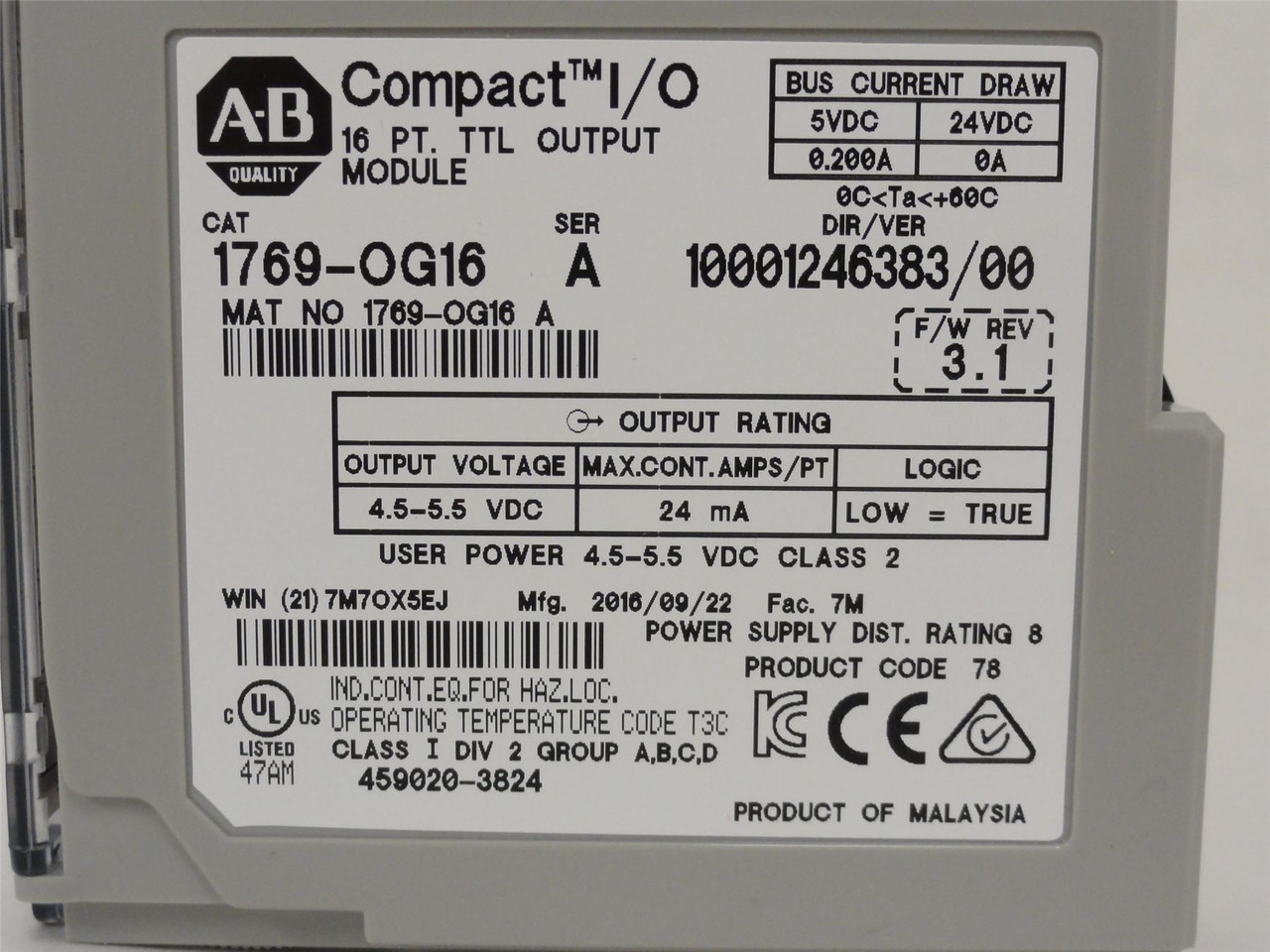 Allen-Bradley 1769-OG16; Output Module; 4.5-5.5VDC