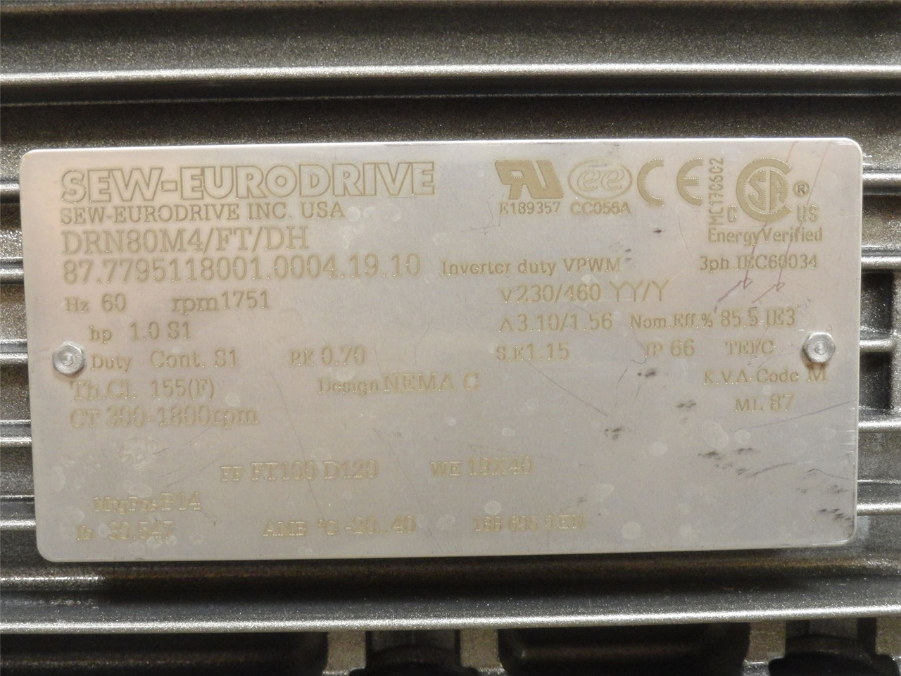 Rheingetriebe 619081; AC Gearmotor; 14:1 Ratio; 1HP; 230/460V
