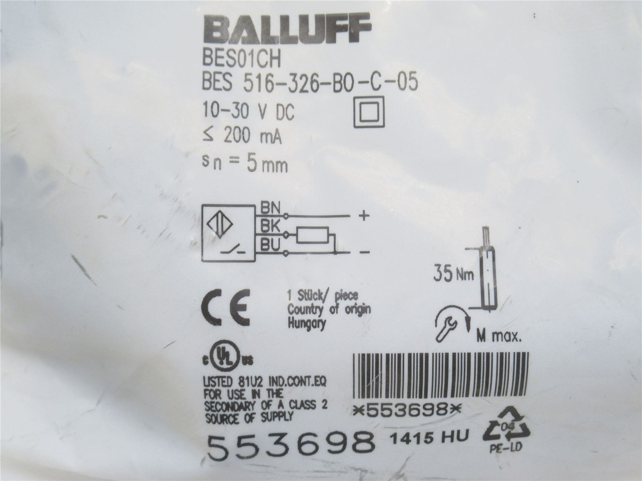 Balluff 516-326-BO-C-05; Proximity Switch; 10-30VDC; 5m Cable