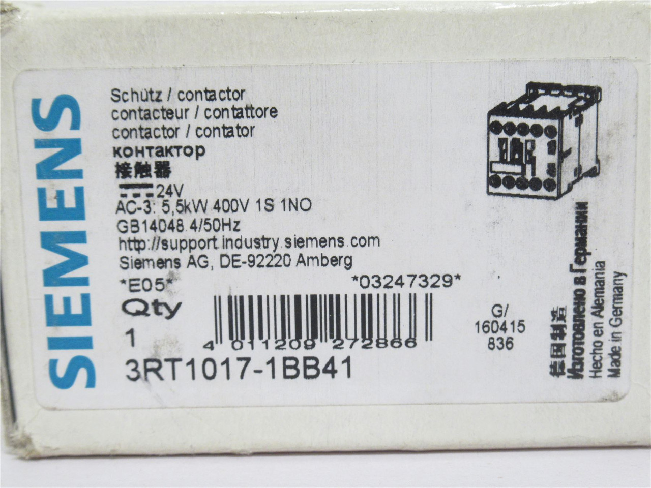 Siemens 3RT1017-1BB41; Contactor; 12A; 3P; 600VAC Coil: 24VDC