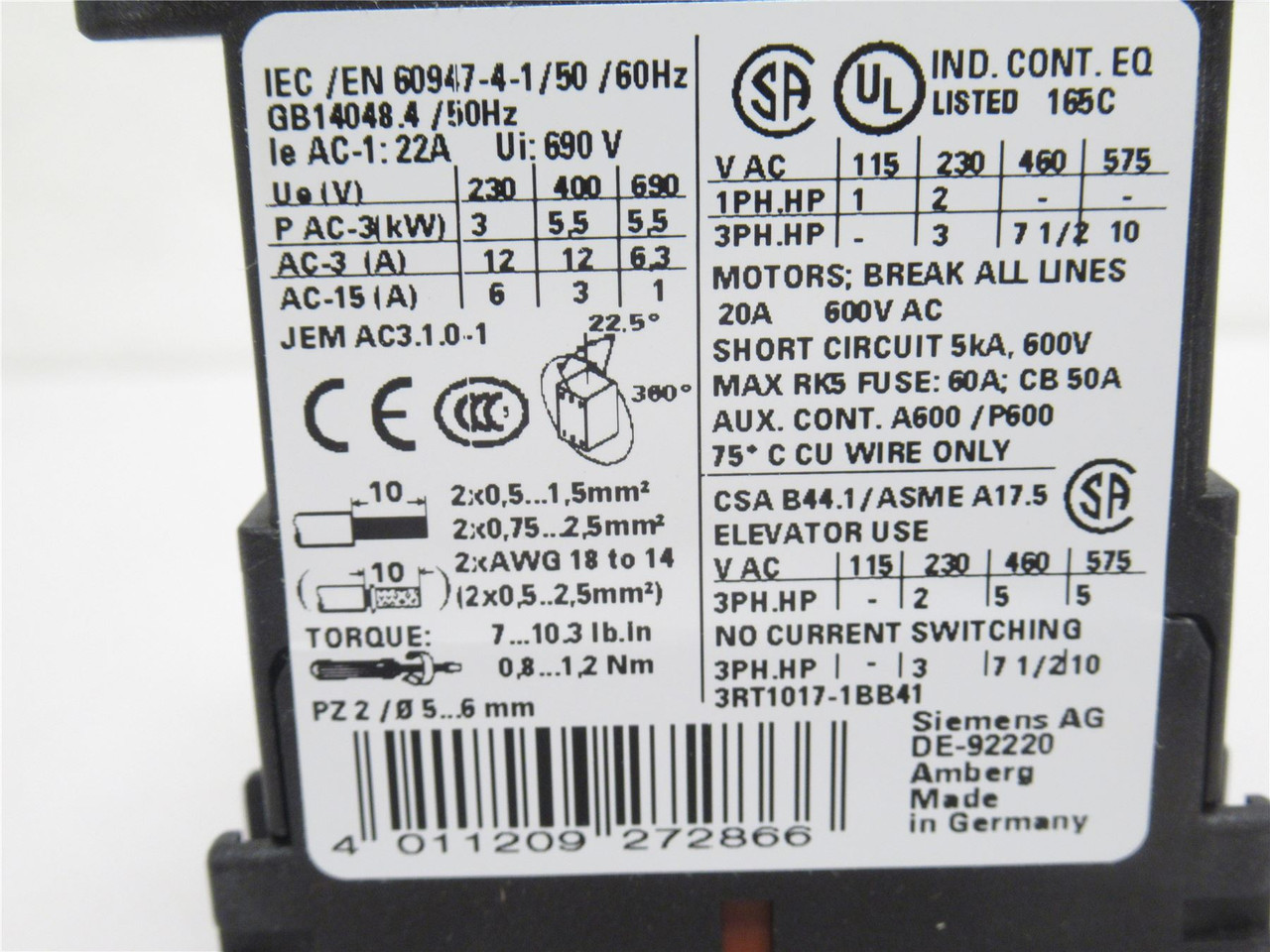 Siemens 3RT1017-1BB41; Contactor; 12A; 3P; 600VAC Coil: 24VDC