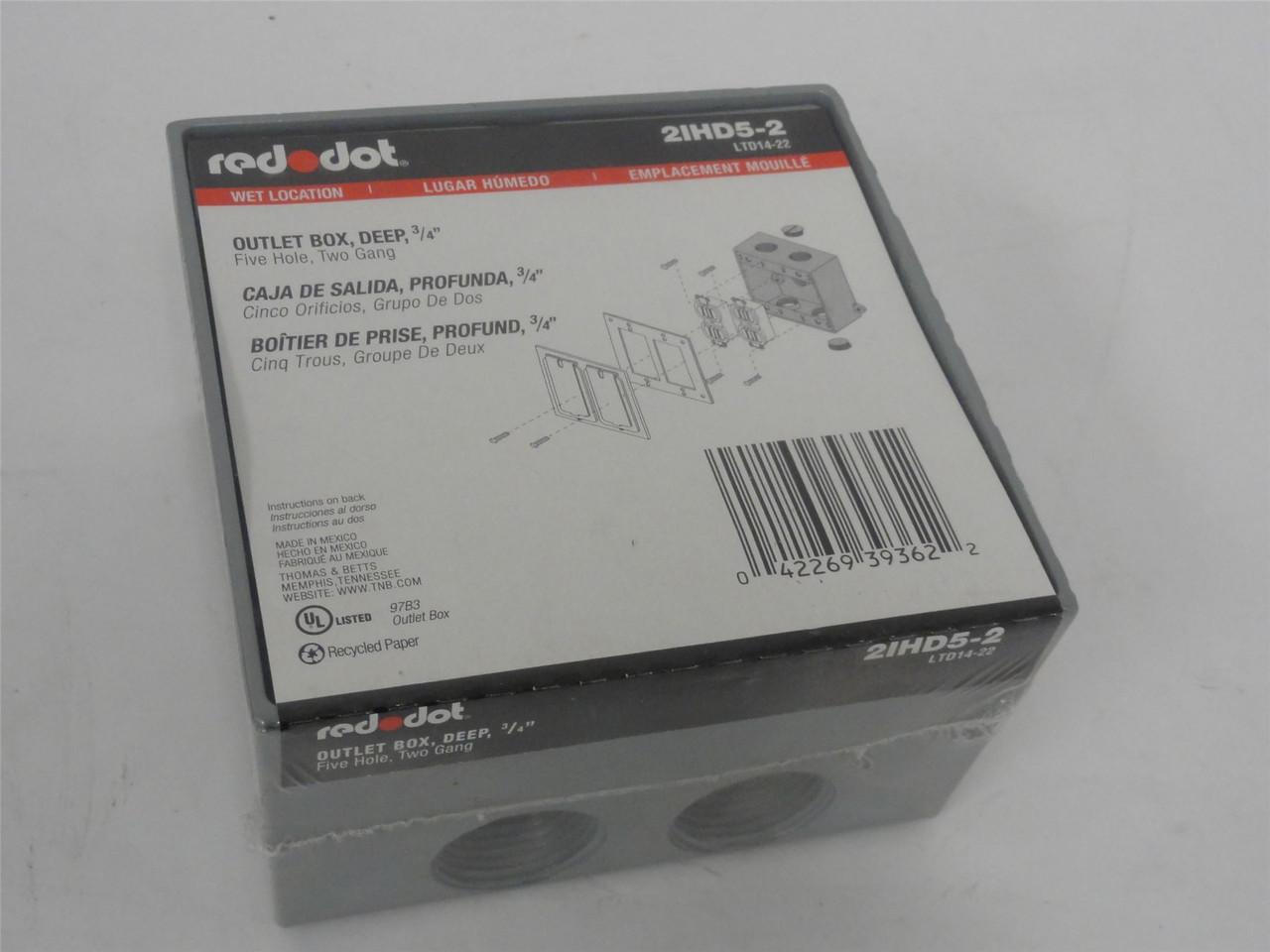 Red Dot 2IHD5-2; Device Outlet Box; 2 Gang; 5 Hub