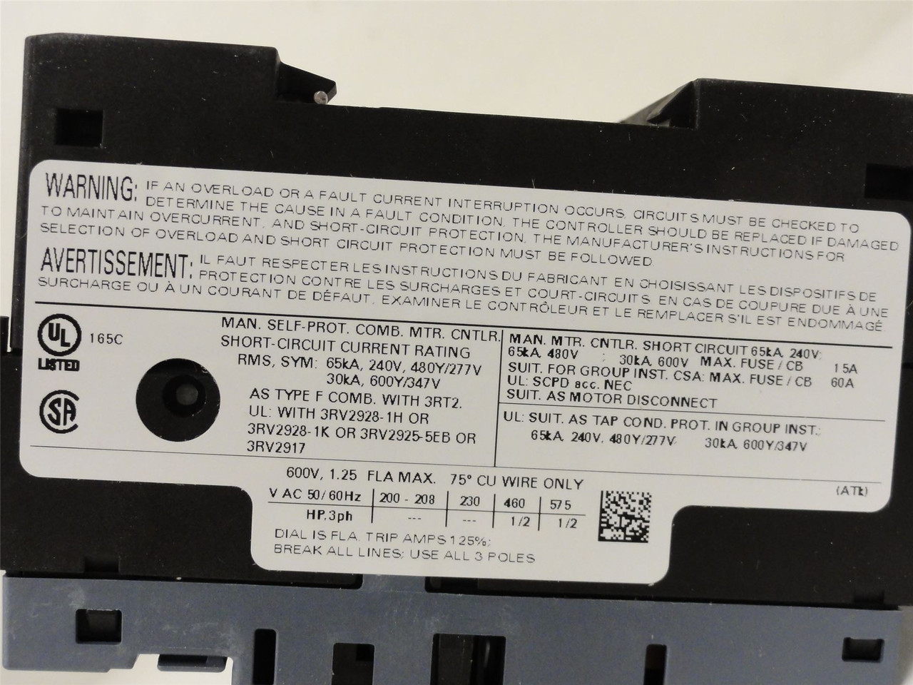 Siemens 3RV2021-0KA10; Manual Starter; 0.9-1.25A; 3Pole