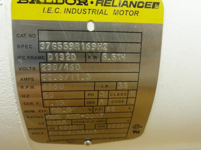 Baldor 37G559R169H2; Washdown Motor 7HP 230/460V 1160RPM 3Ph