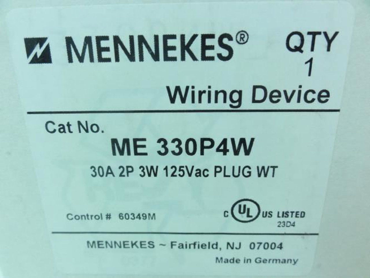 Mennekes ME-330P4W; Wiring Device Plug; 30A; 2P; 3W; 125VAC