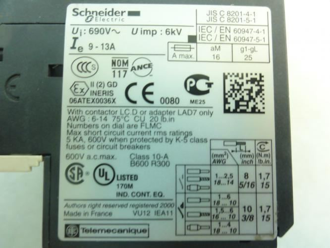 Schneider LRD16; Thermal Overload Relay; 9-13A